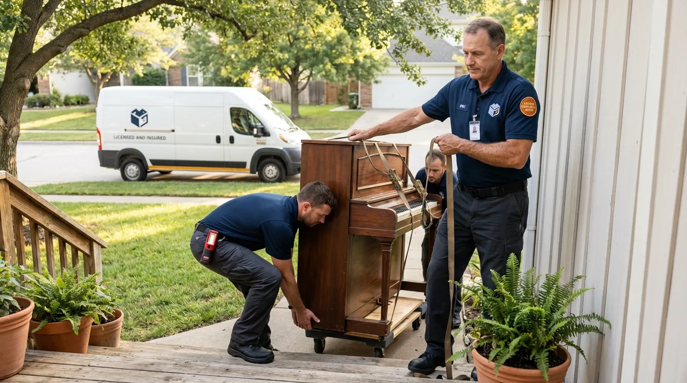 Licensed piano movers securing grand piano in Ridgewood, NY