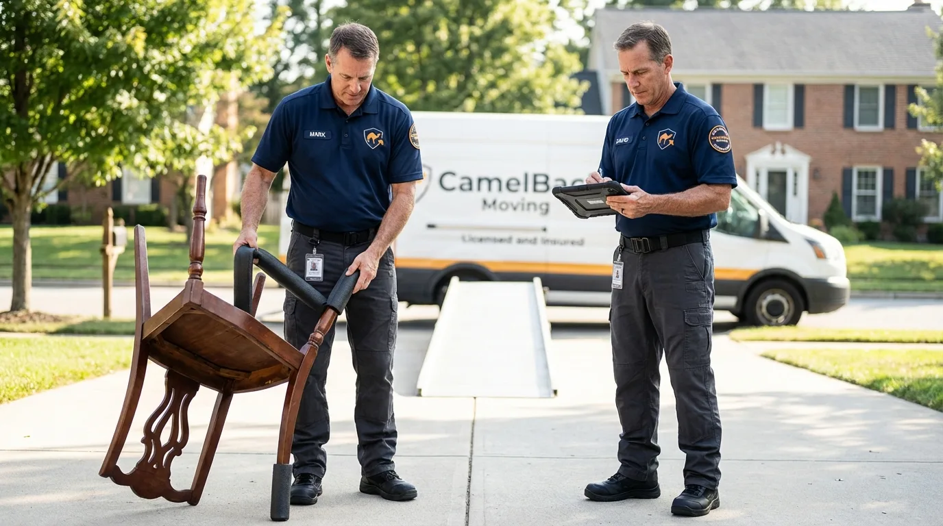 Movers inspecting furniture for damage prevention before loading in Ridgewood, NY