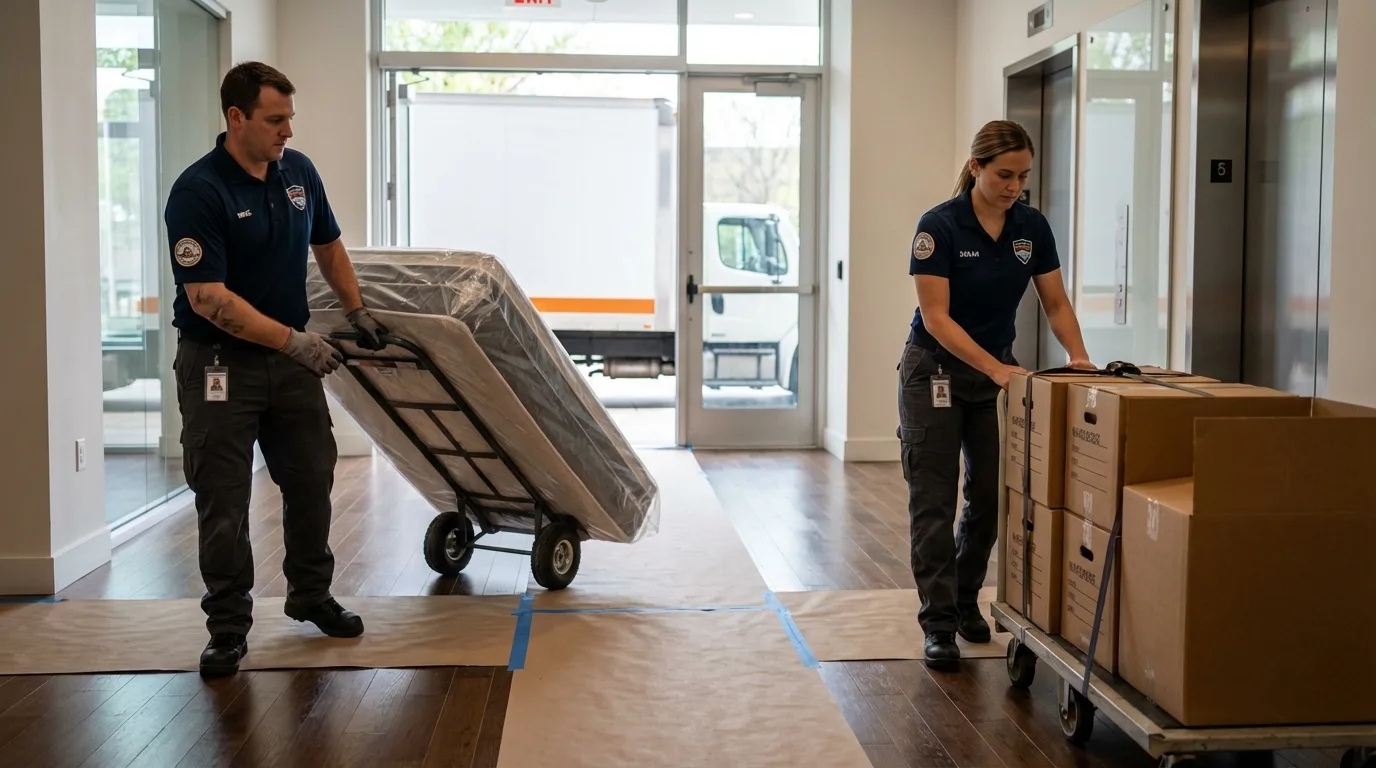 Professional apartment movers loading elevator in Ridgewood, NY